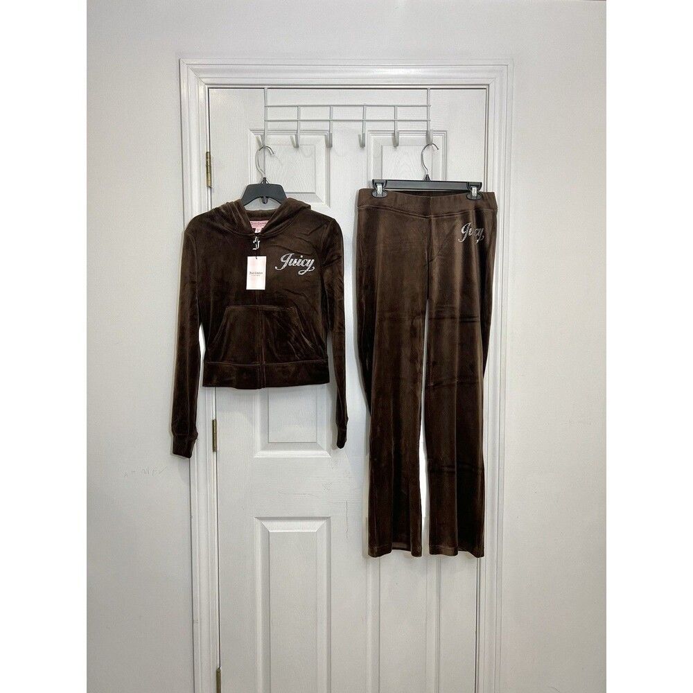 NWT Size L JUICY COUTURE Velour OG Bling Tracksuit Hoodie Pant Set Brown Sugar